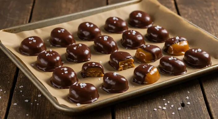 Baking sheet with freshly dipped chocolate covered caramels setting on a rustic wooden table."