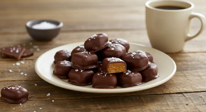 Plate of homemade chocolate covered caramels with sea salt, accompanied by a cup of coffee."