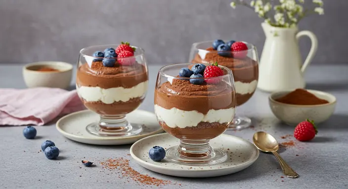 Filling elegant glass cups with creamy cottage cheese chocolate mousse, set in a beautifully decorated kitchen with pastel colors.