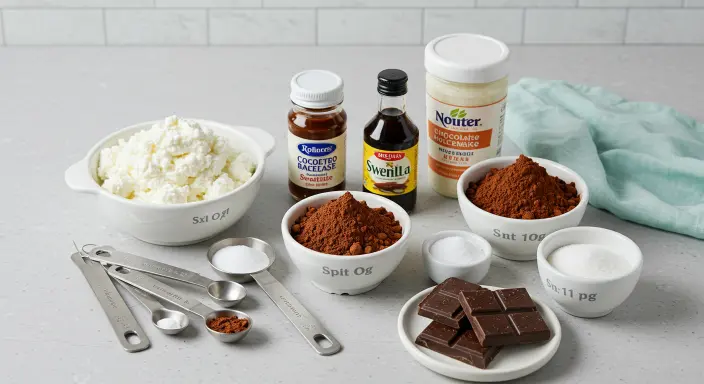 A neatly arranged kitchen workspace showcasing ingredients for cottage cheese chocolate mousse, including cottage cheese, cocoa powder, and measuring utensils in a pastel-themed setting."