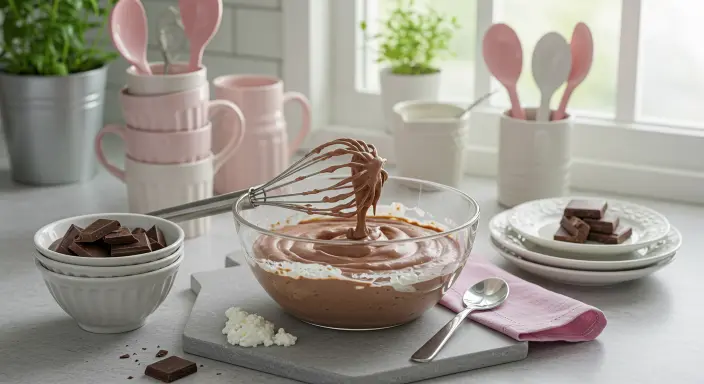 A mixing bowl filled with cottage cheese, cocoa powder, and sweetener being whisked together in a bright, pastel-themed kitchen."
