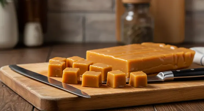 Cut pieces of cooled caramel on a wooden cutting board, ready for chocolate coating."