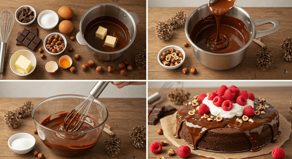 "A series of four images depicting the stages of making Flourless Chocolate Hazelnut Cake, featuring ingredients and consistent rustic table decor."