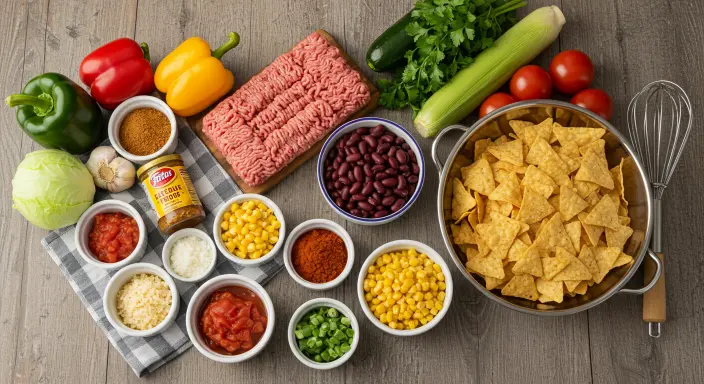 "Ingredients for Taco Soup Frios arranged on a wooden table, including ground beef, beans, corn, tomatoes, taco seasoning, and Fritos."