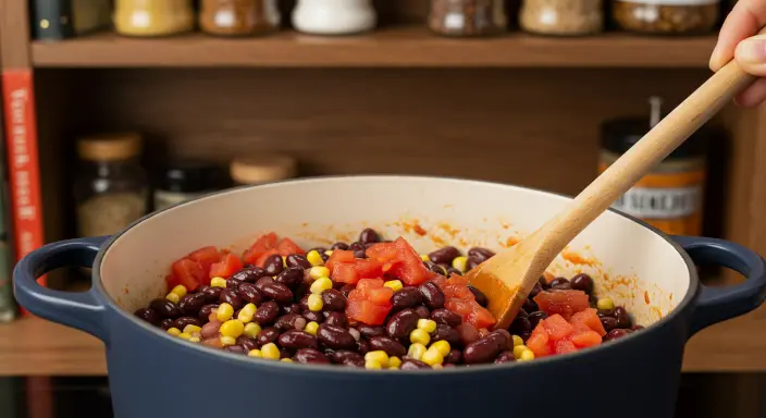 "Mixing black beans, kidney beans, corn, and diced tomatoes in a pot for Taco Soup Frios, surrounded by a cozy kitchen."