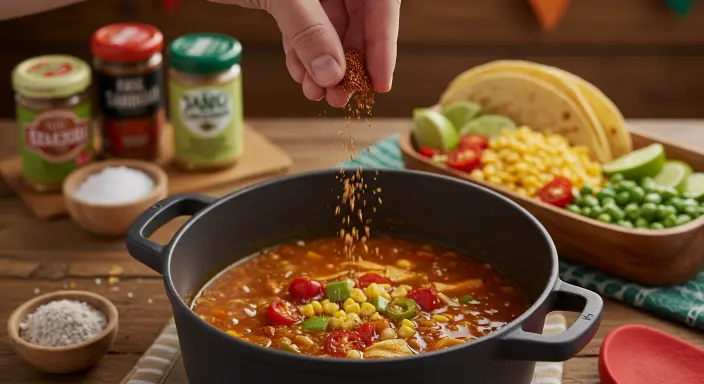 "Adding taco seasoning to a pot of soup, with a cozy kitchen environment in the background."