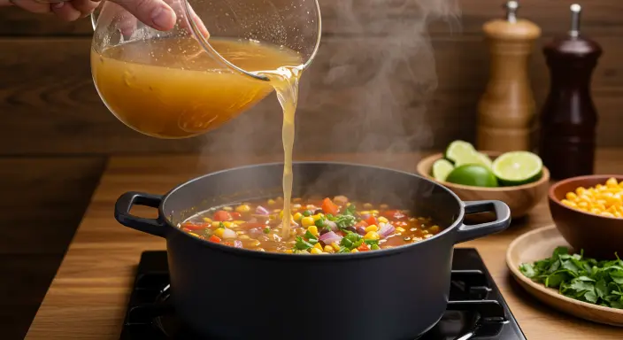 "Pouring broth into a pot of taco soup, surrounded by a warm and inviting kitchen atmosphere."