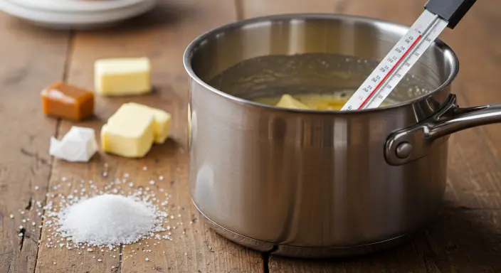 Close-up of caramel mixture in a saucepan on the stove, with a candy thermometer showing the temperature."