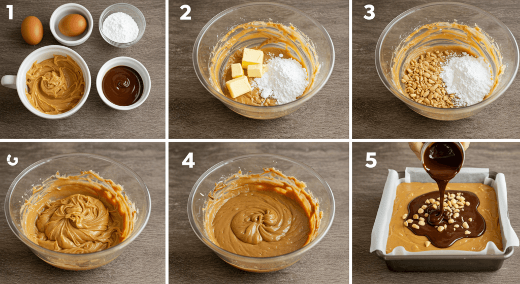 Step-by-step guide to making peanut butter fudge, showing ingredients and stages on a rustic wooden table.