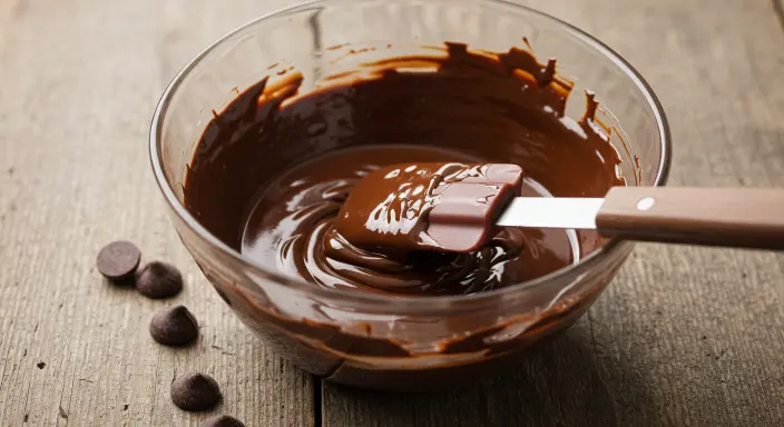 Bowl of melted chocolate with coconut oil on a rustic wooden table, ready for dipping caramels."