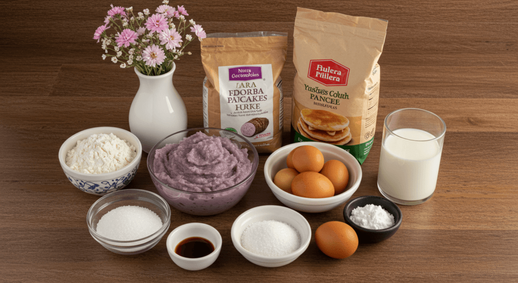 An arrangement of ingredients for taro flavored pancakes on a rustic wooden table, including a bowl of taro puree, flour, eggs, a glass of milk, sugar, and baking powder, decorated with a small vase of fresh flowers.