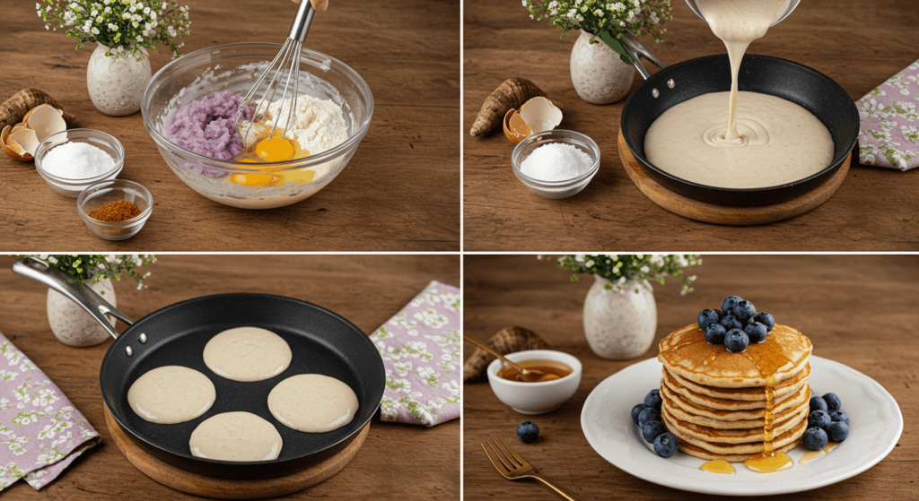 Four images showing the stages of making taro flavored pancakes: mixing ingredients, pouring batter onto a skillet, flipping pancakes, and serving the finished stack topped with honey and berries, all on a rustic wooden table.