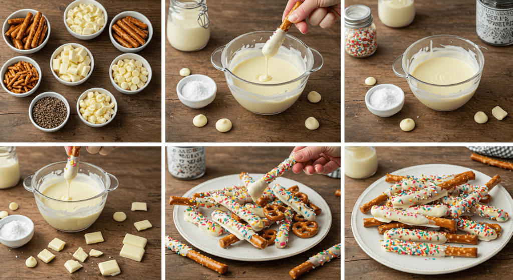 A series of images showing the stages of making white chocolate pretzels, including ingredients, melting chocolate, dipping, adding toppings, and final presentation.