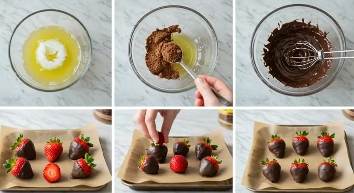 Collage of preparation steps for carob covered strawberries, including melting coconut oil, mixing with carob powder, dipping strawberries, and arranging them on a tray