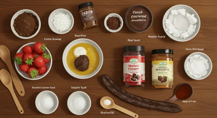 All ingredients for carob covered strawberries: fresh strawberries, carob powder, melted coconut oil, sweetener, and sea salt, arranged on a wooden countertop."