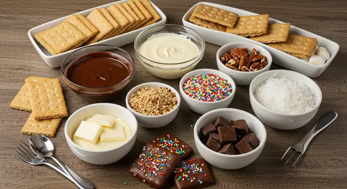 "Ingredients for chocolate covered graham crackers displayed on a rustic wooden table, including graham crackers, melted chocolate, sprinkles, and nuts."