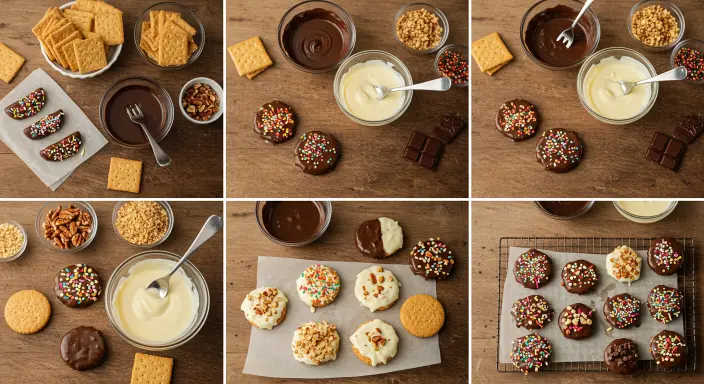 "Step-by-step guide to making chocolate covered graham crackers with ingredients and tools on a rustic wooden table."