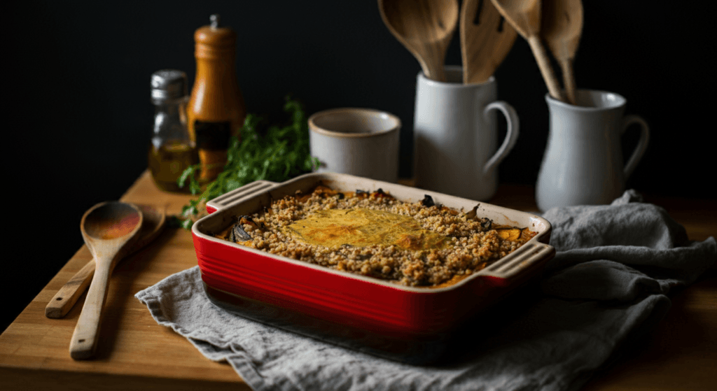 A delicious dairy-free casserole filled with vibrant vegetables and grains, topped with a crispy crust, set in a cozy kitchen environment with warm lighting.