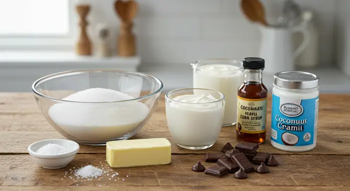 "Ingredients for chocolate covered caramels arranged on a rustic wooden table, including sugar, butter, cream, and chocolate chips."