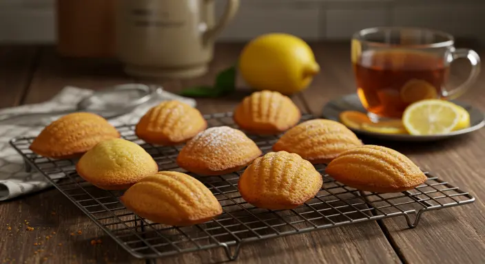 Freshly baked madeline cookies cooling on a wire rack in a cozy kitchen