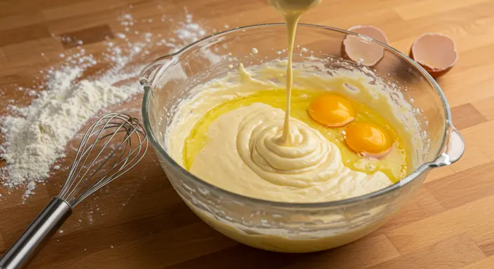 Mixing bowl with madeline cookie batter on a wooden countertop in a cozy kitchen."