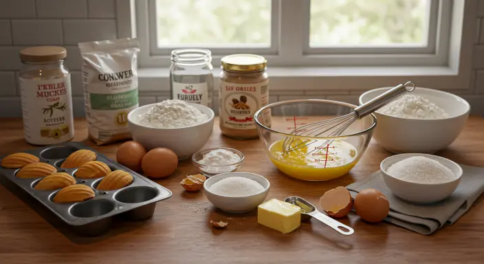 Ingredients for madeline cookies arranged on a wooden countertop in a cozy kitchen."