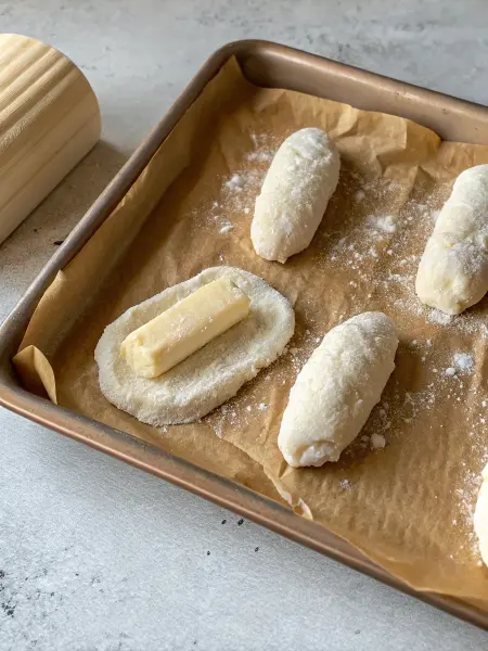 A baking tray with uncooked Greek yogurt garlic bread dough, dusted with flour.