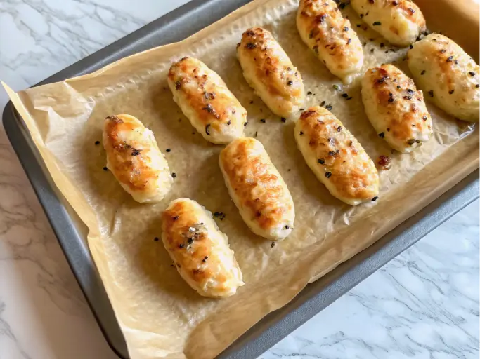 A close-up view of freshly baked Greek yogurt garlic bread, with a crispy golden-brown crust.