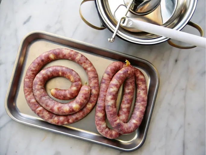 How to Make Delicious Jalapeno Cheddar Sausage: The Ultimate Recipe 3 A tray of freshly made jalapeño cheddar sausages, some coiled and some straight.
