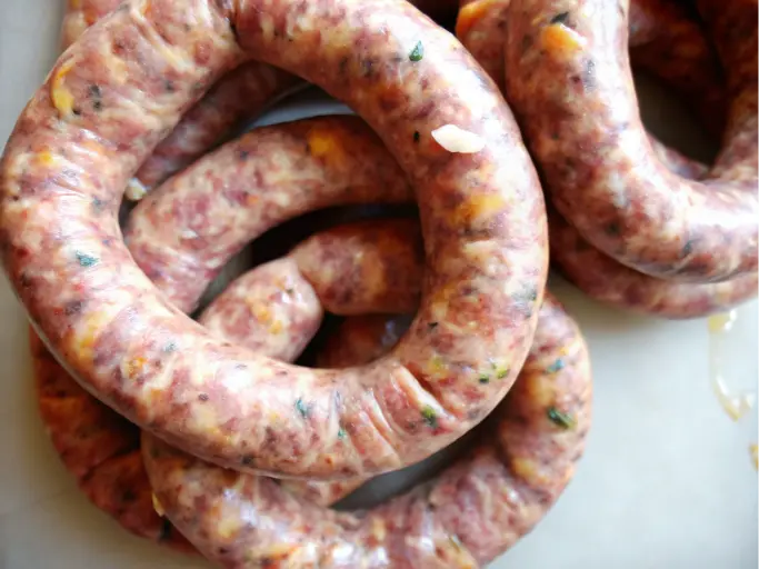 How to Make Delicious Jalapeno Cheddar Sausage: The Ultimate Recipe 4 A close-up view of several cooked jalapeño cheddar sausages on a plate.