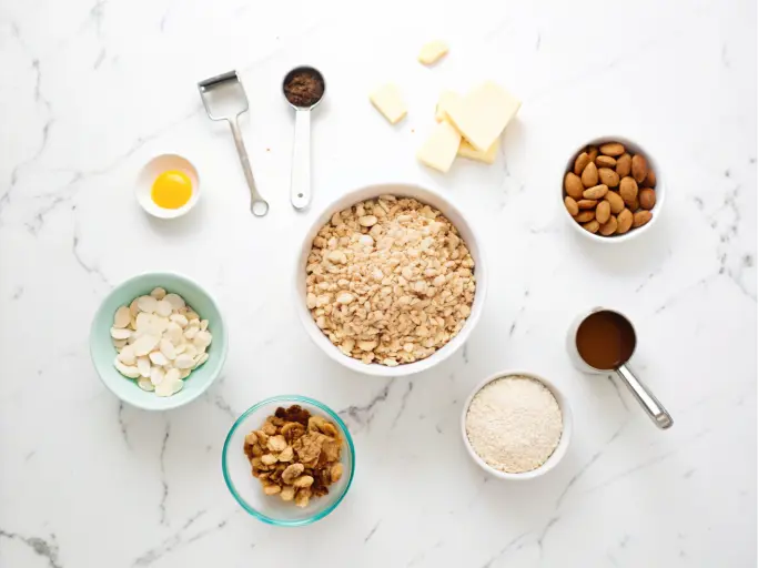 A collection of ingredients for making Vanilla Nut Granola Recipe