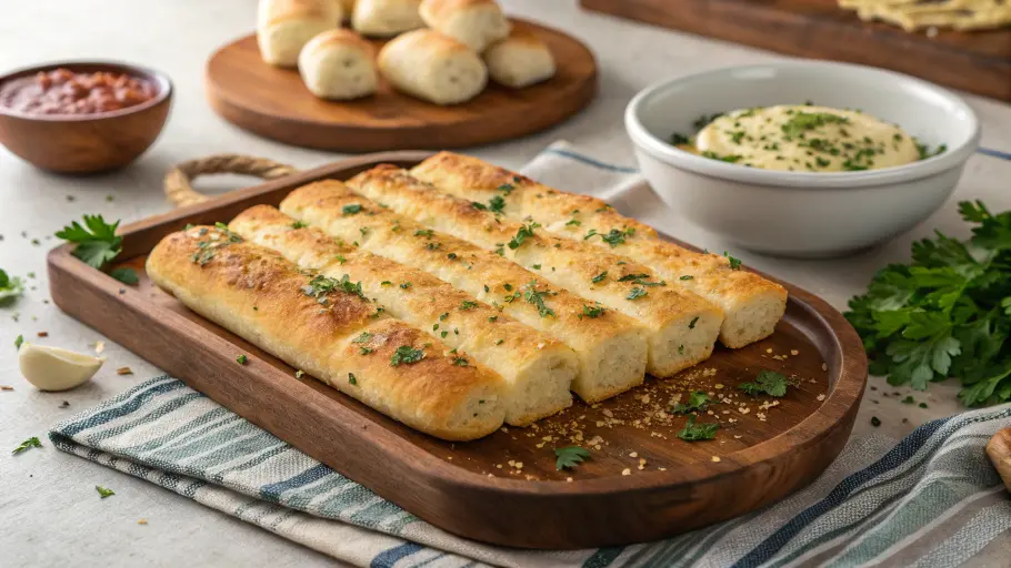 Freshly baked buttery garlic breadsticks.