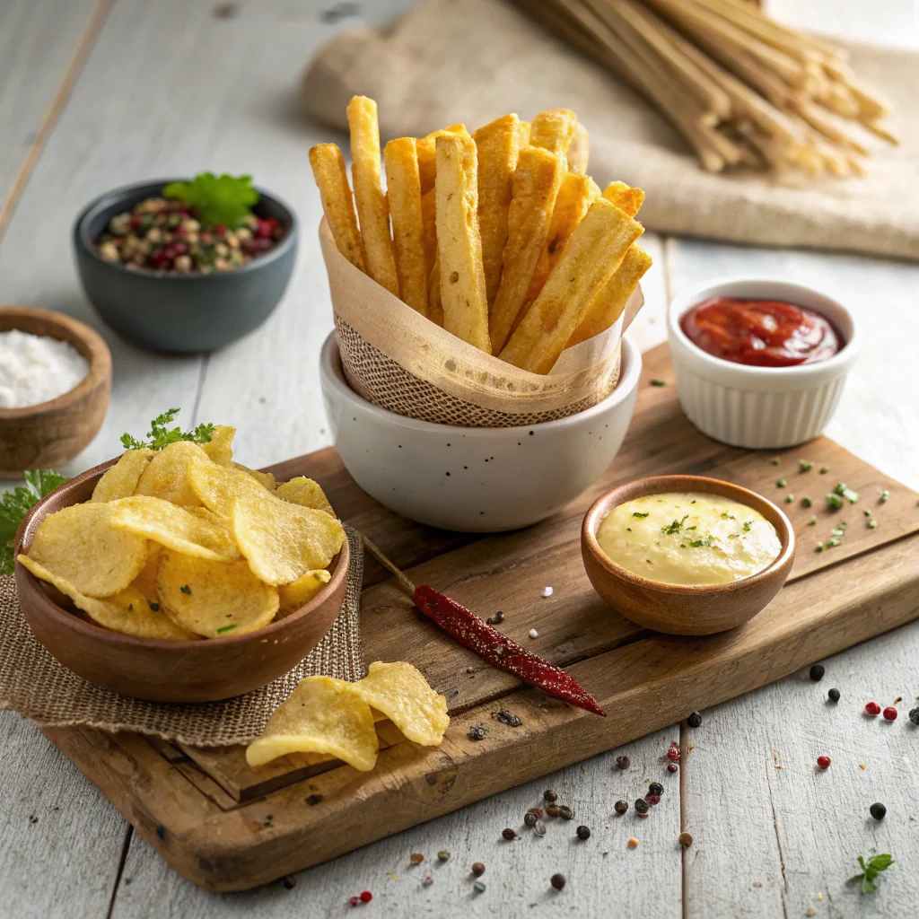 Are Potato Sticks Better Than Potato Chips? The Surprising Truth! 2 Are Potato Sticks Better Than Potato Chips? The Surprising Truth! Introduction Are potato sticks the same as potato chips? This is a common question among snack lovers who enjoy crispy, salty treats. While both are made from potatoes and share a similar crunchy texture, they have key differences in shape, preparation, and even taste. Potato sticks are thin, matchstick-like snacks that are deep-fried or baked, often used as toppings or eaten straight from the bag. In contrast, potato chips are thin, round slices of potatoes that can be crispy or thick-cut, available in a wide variety of flavors. But which snack is better? Are potato sticks just thinner versions of chips, or do they offer a completely different eating experience? This article will explore their differences, history, and even how they fit into different cuisines. Looking for creative ways to enjoy potato sticks? Check out this guide for fun ways to add crunch to your meals! Understanding Potato Sticks and Potato Chips A tempting assortment of crispy potato chips and sticks, perfect for snacking and sharing with friends. What Are Potato Sticks? Potato sticks are small, thin, crispy strips made from potatoes that are deep-fried or baked. They are typically sold in small cans or bags and seasoned with salt or other flavors. Unlike potato chips, which are made from whole sliced potatoes, potato sticks are often made from shredded or mashed potatoes that are extruded into stick-like shapes before frying. FeaturePotato SticksShapeThin, matchstick-likeTextureCrunchy and brittleCooking MethodDeep-fried or bakedCommon UsesSnacks, casserole toppings, garnishesPackagingSmall cans, bags What Are Potato Chips? Potato chips, also known as "crisps" in some countries, are thinly sliced potatoes that are deep-fried or baked until crispy. They come in different textures, from classic thin chips to thicker kettle-cooked varieties. Some chips have ridges for extra crunch and flavor absorption. FeaturePotato ChipsShapeThin, round slicesTextureCrispy or crunchyCooking MethodDeep-fried, baked, or kettle-cookedCommon UsesSnacks, served with dipsPackagingLarge bags, single-serving packs How They Are Made While both snacks come from potatoes, they go through different processes. Potato Sticks: Potatoes are shredded or mashed, then shaped into thin sticks before being fried. Potato Chips: Whole potatoes are sliced thinly, fried or baked, and seasoned. This difference in production is one of the key factors that set these snacks apart. Key Differences Between Potato Sticks and Potato Chips The essential ingredients needed to create delicious potato sticks and chips, ready for preparation. Shape and Size The most obvious difference between the two snacks is their shape. Potato sticks are long, thin, and resemble French fries in miniature form. Potato chips are thin, circular slices that vary in thickness. ComparisonPotato SticksPotato ChipsShapeLong, thin sticksThin, round slicesSizeSmallVaries (thin to thick) Texture and Crunchiness Crunch is a huge factor in snack satisfaction. Potato sticks tend to be harder and more brittle. Potato chips can range from light and crispy to thick and crunchy. Cooking Method While both snacks are deep-fried, there are differences in how they are prepared: Cooking MethodPotato SticksPotato ChipsMain IngredientShredded/extruded potatoesWhole potato slicesPreparationShaped into sticks, then friedSliced, then friedCooking VariantsBaked, deep-friedFried, baked, kettle-cooked History and Popularity of Potato Snacks The Origin of Potato Chips Potato chips have been around for over 150 years. According to legend, they were invented in 1853 by George Crum, a chef in New York. A customer reportedly kept sending back his fried potatoes, claiming they were too thick. Out of frustration, Crum sliced the potatoes paper-thin, fried them until crisp, and added salt. The result? The first potato chips! How Potato Sticks Gained Popularity Potato sticks gained popularity in the mid-1900s as a portable snack. They became a favorite in Latin America and the U.S., commonly sold in snack aisles. Today, they remain popular, though not as widely consumed as potato chips. Do Potato Sticks Still Exist? Are They Still Manufactured? Yes! Several companies still make potato sticks, including: Pik-Nik Herr’s Utz While they are not as common as chips, they are still available in many grocery stores and online. Where Can You Buy Them? Retailer TypeAvailabilityGrocery StoresLimited selectionOnline RetailersAmazon, Walmart, specialty food storesInternational MarketsMore popular in some countries What Do Americans Call Potato Chips? Chips vs. Crisps: The Naming Confusion In the United States, the term "potato chips" refers to the thin, crispy slices of fried potatoes. However, in the United Kingdom and some other countries, they are called "crisps" to avoid confusion with French fries. CountryPotato Chips Are Called…USAChipsUKCrispsAustraliaChipsCanadaChips What Is the Difference Between a Potato Chip and a Potato Crisp? The first step in making potato chips involves carefully slicing whole potatoes into thin rounds for frying. Shredded potatoes are extruded into stick shapes, preparing them for frying or baking into delicious potato sticks. Potato Chips: Freshly Sliced Potatoes Potato chips are made from whole potatoes that are sliced thin and fried. They have a natural potato texture and a variety of cuts. Potato Crisps: Reconstituted Potato Products Potato crisps, like Pringles, are made from dehydrated potato flakes mixed with starch and shaped into uniform pieces. FeaturePotato ChipsPotato Crisps (e.g., Pringles)Made FromWhole potatoesDehydrated potato flakesTextureNatural, variedUniform, engineeredShapeVariesIdentical pieces Are Pringles Real Potato Chips? How Pringles Are Made Pringles are not made from whole potato slices but from a potato-based dough that is rolled and shaped into identical pieces. Why They Are Called "Crisps" The FDA ruled that Pringles can’t be called “potato chips” because they contain less than 50% actual potato. Instead, they are labeled as “potato crisps.” How to Enjoy Potato Sticks and Chips in Unique Ways While potato sticks and chips are delicious on their own, they can also be incorporated into various dishes for added crunch and flavor. Here are some creative ways to enjoy them beyond snacking straight from the bag. Creative Ways to Use Potato Sticks Topping for Casseroles – Sprinkle potato sticks over baked dishes like green bean casserole or mac and cheese for extra crunch. Burger Garnish – Add a layer of potato sticks inside your burger for a crispy bite. Soup & Salad Crunch – Instead of croutons, use potato sticks to add texture to soups and salads. Mix with Nuts and Pretzels – Create a homemade snack mix with nuts, pretzels, and potato sticks for a salty, crunchy treat. Taco Filling – Layer potato sticks inside tacos for a unique crunch that enhances the texture. Fun Recipes Using Potato Chips Recipe IdeaHow to Use Potato ChipsPotato Chip Crusted ChickenCrush potato chips and use them as a coating for baked or fried chicken.Chip NachosReplace tortilla chips with thick-cut potato chips for nachos.Mac & Cheese ToppingSprinkle crushed potato chips over mac and cheese before baking.Potato Chip DipMix crushed chips into sour cream for a crunchy dip.Chocolate-Dipped ChipsDip ridged potato chips in chocolate for a sweet-and-salty snack. These ideas show that potato snacks can be more than just side dishes—they can be culinary game-changers! The Health Factor: Are Potato Sticks or Chips Better? When it comes to nutrition, neither potato sticks nor chips are considered "healthy", but there are some differences in their nutritional content. Nutritional Comparison Nutrient (Per 1 oz Serving)Potato SticksPotato ChipsCalories~160~150Fat10g9gSaturated Fat2.5g1.5gSodium180mg170mgCarbohydrates15g14g Both snacks contain similar amounts of fat, sodium, and calories, though variations depend on the brand and cooking method. Healthier Alternatives If you love potato snacks but want healthier options, consider: Baked potato chips instead of fried ones. Air-fried potato sticks to cut down on oil. Homemade versions with minimal salt and healthier oils. For a more nutritious twist, you can also try vegetable-based alternatives like sweet potato chips or zucchini sticks. morever, you can check out this "I Tried 12 Popular Potato Chip Brands—This Is the One I’m Buying From Now On" FAQs Do Potato Sticks Still Exist?Yes! Potato sticks are still available and sold by brands like Pik-Nik, Herr’s, and Utz. They may not be as common as potato chips, but they are still popular.What Do Americans Call Potato Chips?In the U.S., potato chips refer to thin, crispy slices of fried potatoes. In the U.K., these are called "crisps", while "chips" refer to what Americans call French fries.What Is the Difference Between a Potato Chip and a Potato Crisp?Potato chips are made from whole, sliced potatoes, whereas potato crisps (like Pringles) are made from dehydrated potato flakes and starch.Are Pringles Real Potato Chips?No, Pringles are classified as “potato crisps” because they are made from a potato-based dough rather than whole potato slices. Conclusion: Are Potato Sticks the Same as Potato Chips? After exploring the differences between potato sticks and potato chips, it's clear that while they share a **common base ingredient—potatoes—**they have distinct differences in shape, texture, production, and culinary uses. Which One is Crunchier? Crunchiness is a big factor in snack preference. Potato sticks tend to have a harder, brittle crunch, while potato chips vary from thin and crispy to thick and hearty (like kettle-cooked chips). If you're looking for a snack with a consistent snap, potato sticks might be the better option. Which One is More Versatile? In terms of versatility, potato chips have a slight edge. They come in a wide range of flavors, from classic salted to spicy jalapeño and tangy barbecue. They are also used in creative recipes, such as: Crushed as a topping for casseroles and baked dishes. Dipped in chocolate for a sweet-and-salty treat. Used as a coating for fried foods like chicken and fish. However, potato sticks aren’t far behind! They are often used as a crunchy topping for burgers, sandwiches, and even tacos. Which One is Healthier? Neither potato sticks nor potato chips are considered health foods, but if you are watching your fat intake, baked potato chips may be the better option. Regular potato sticks tend to have more oil content due to their shape, which absorbs more fat during frying. Potato chips have options like baked, air-fried, or low-fat varieties, making them slightly more adaptable to healthier diets. For a healthier option, consider making homemade versions of either snack with less oil, salt, and preservatives. Which One Should You Choose? Ultimately, the best choice comes down to personal preference and how you like to enjoy your snacks: For a quick, ultra-crunchy snack or a topping for meals, go for potato sticks. For a wider variety of flavors and uses, potato chips might be the better option. Regardless of your choice, both potato snacks offer a satisfying crunch that has made them household favorites for generations. Final Thoughts Whether you enjoy potato sticks or potato chips, both snacks bring a delicious, salty crunch that has stood the test of time. Their unique textures, cooking processes, and serving methods make them special in their own way. If you haven't tried potato sticks in a while, they are still available and make for a fun, crispy alternative to traditional chips. Are Potato Sticks Better Than Potato Chips? The Surprising Truth!