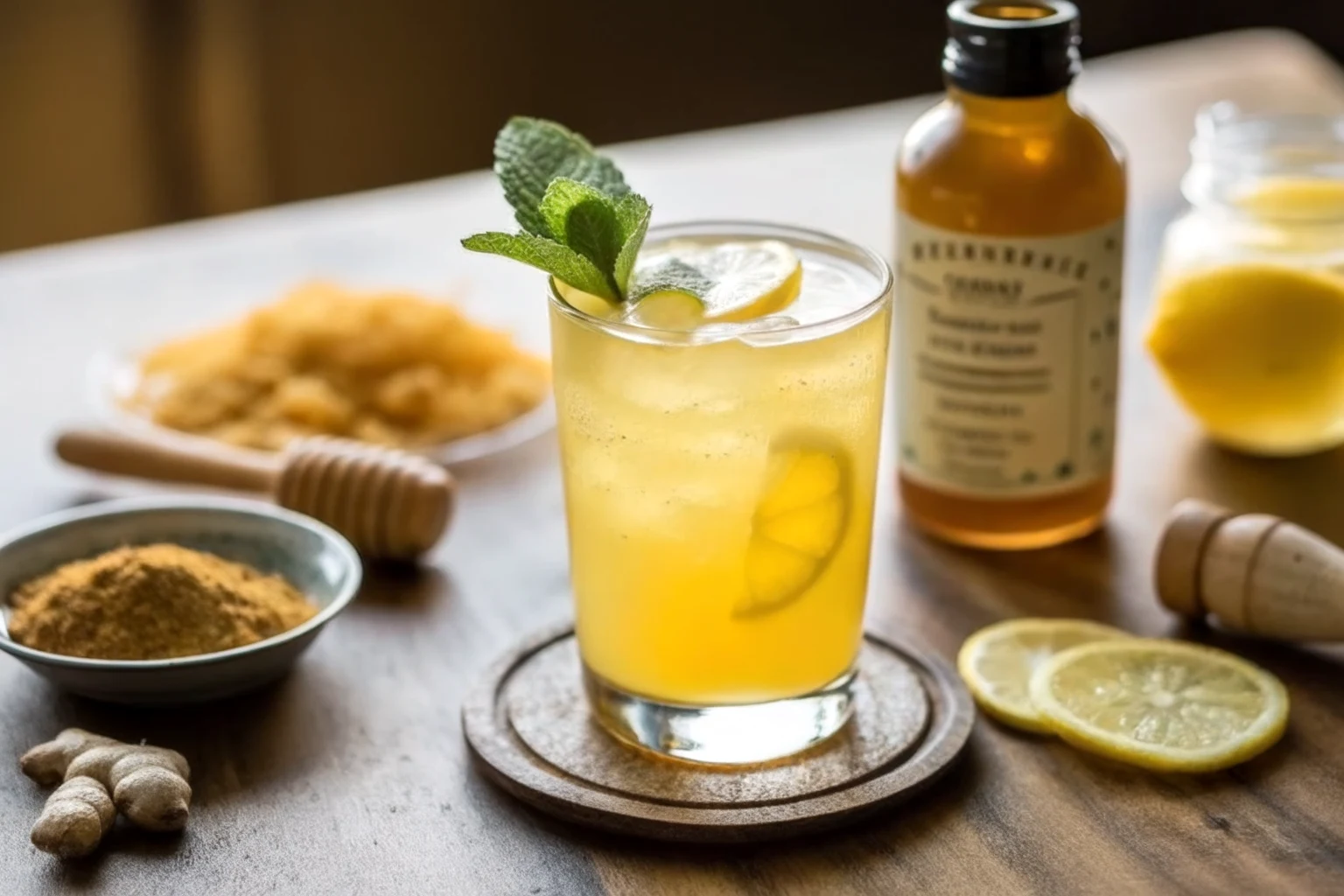 Natural Mounjaro Recipe: The Best Brazilian Drink for Weight Loss 6 A golden glass of Natural Mounjaro Drink with floating lemon slices, mint, and fresh ginger on a rustic wooden board.