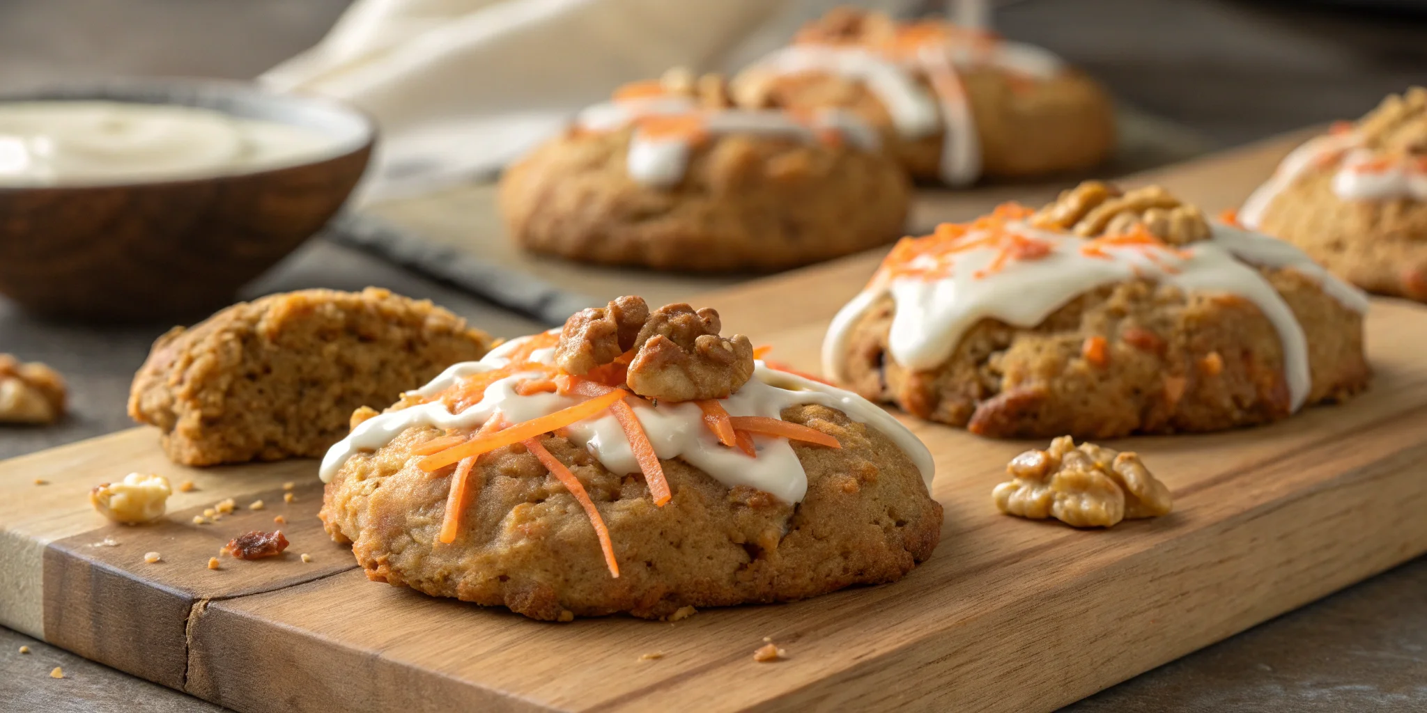 Best Carrot Cake Cookies Recipe – Soft, Spiced & Irresistibly Chewy!" 2 Freshly baked carrot cake cookies with cream cheese drizzle