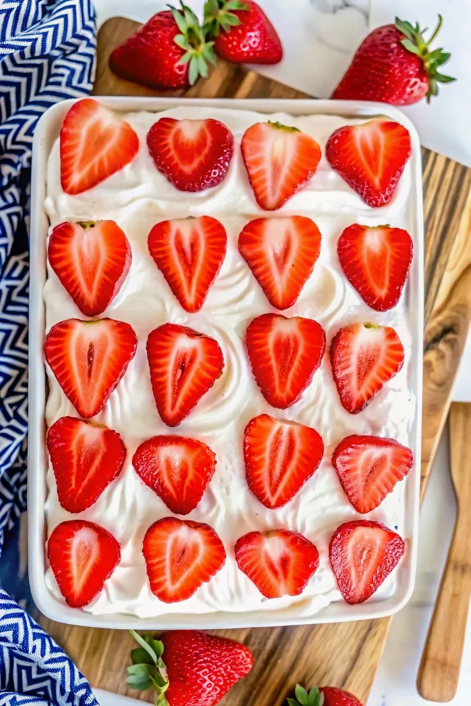 Strawberry Icebox Cake: 5 Easy No-Bake Ideas for Summer 3 Fresh Strawberries on Creamy Whipped Cream for a Perfect Icebox Cake
