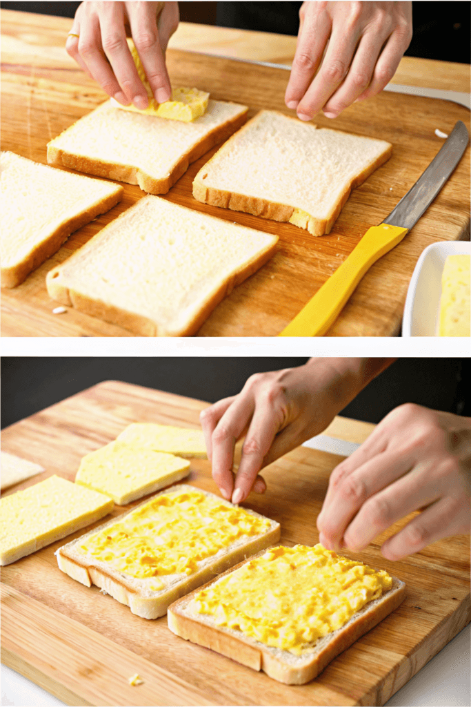 The Ultimate Guide to the Japanese Egg Sandwich – Why It’s Taking Over the World 5 Hands assembling Japanese egg sandwich on milk bread