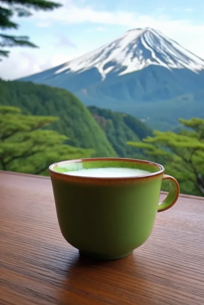Japanese Mounjaro Recipe – The Ultimate Guide to Flavorful Wellness 3 Matcha served in a green ceramic cup on a wooden table with cherries