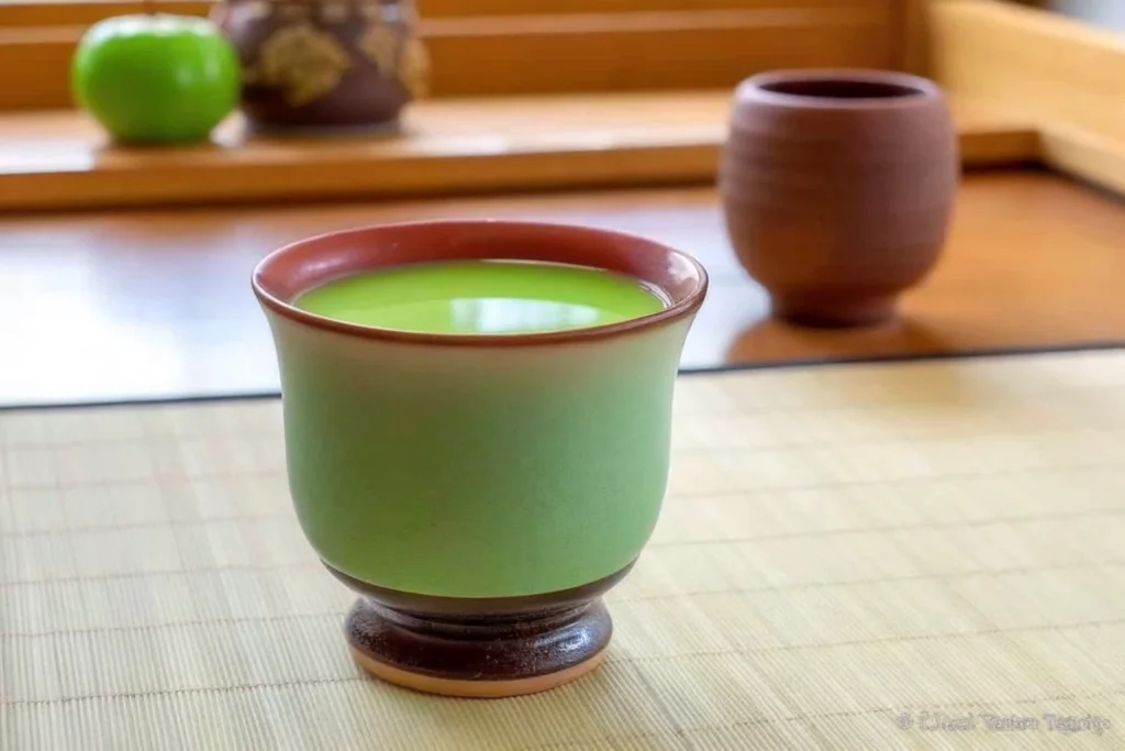 Japanese Mounjaro Recipe – The Ultimate Guide to Flavorful Wellness 2 Ceramic cup of matcha green tea on a bamboo mat near a green apple