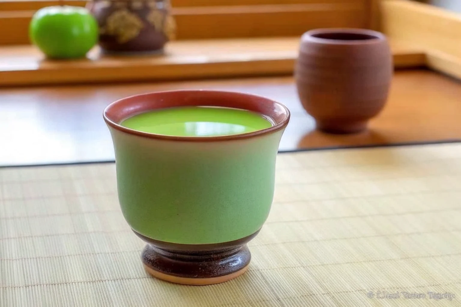 Japanese Mounjaro Recipe – The Ultimate Guide to Flavorful Wellness 5 Ceramic cup of matcha green tea on a bamboo mat near a green apple